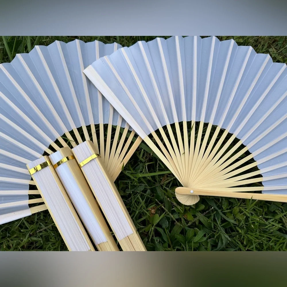 5 White Silk Fans for Wedding Favors